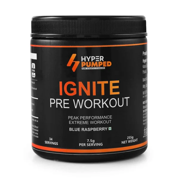 HyperPumped Ignite Pre Workout 255gm, 34 Servings (1 Month Supply), Blue Raspberry Flavor + 1kg Whey Protein Gift Voucher